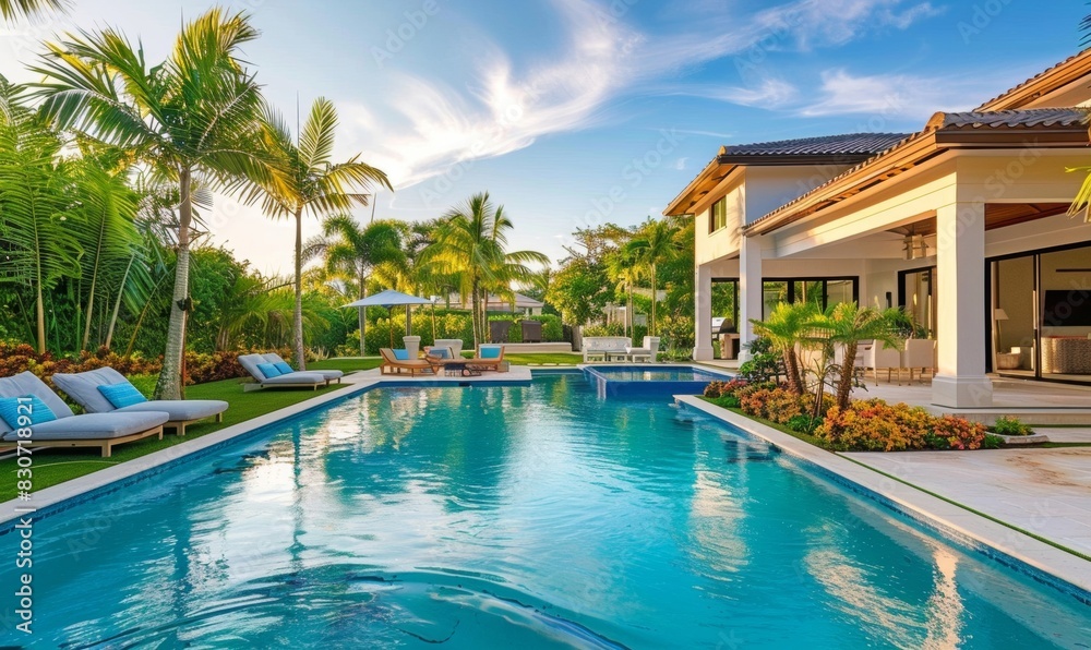 Fototapeta premium Spacious backyard with swimming pool. lounge chair and tropical landscapes
