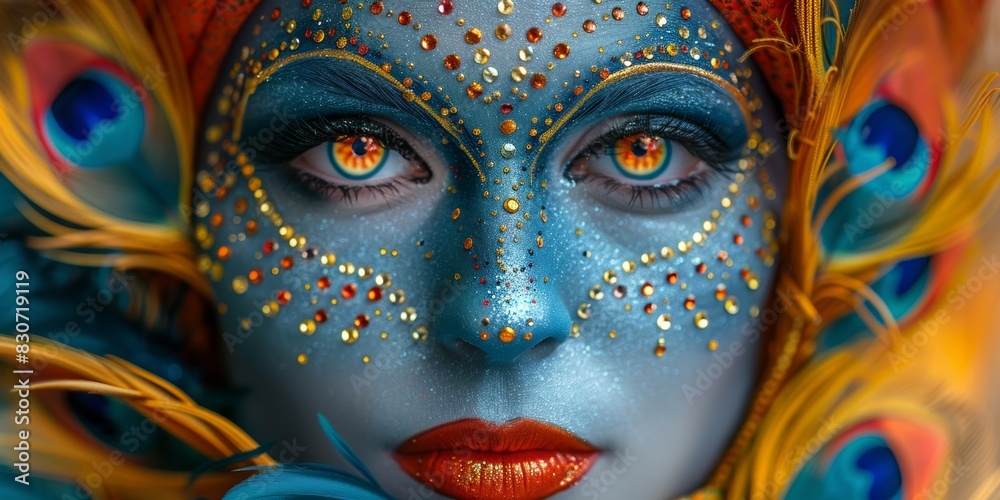 A glamorous lady adorned in a traditional carnival costume, her face shimmering with festive makeup.