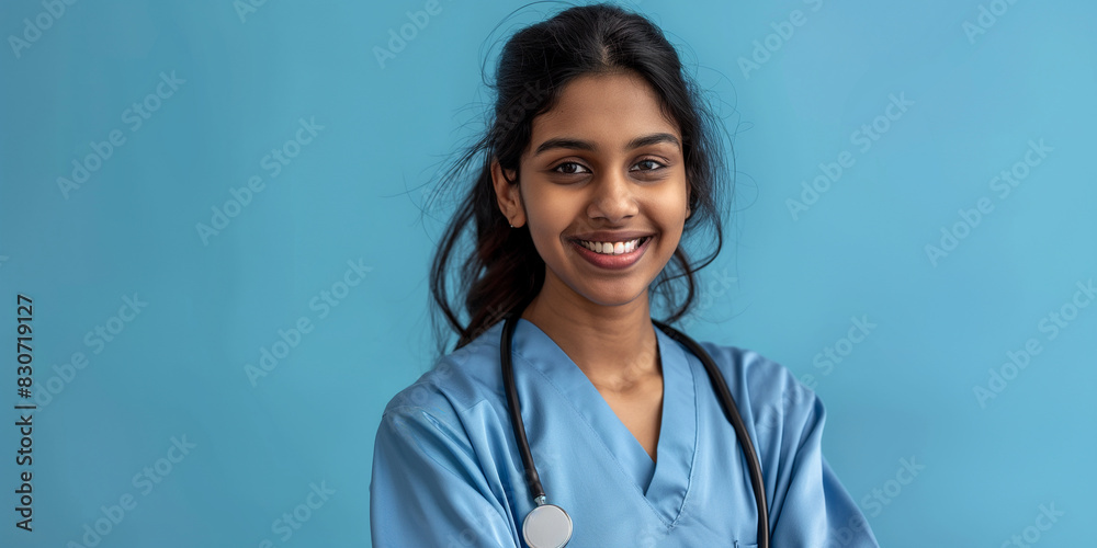 A smiling woman in a blue scrubs shirt with a stethoscope around her neck.Indian doctor, nurse and medical student. College and university A smiling woman in a blue scrubs shirt with a stethoscope around her neck.Indian doctor, nurse and medical student. College and university