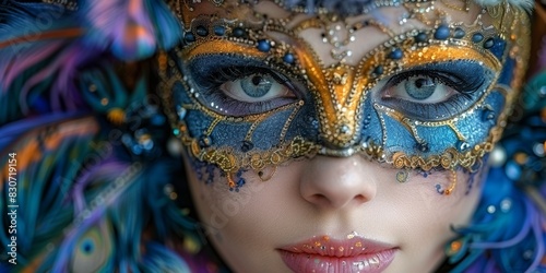 In a carnival of allure and mystery, a lady in a majestic mask captivates with elegance.