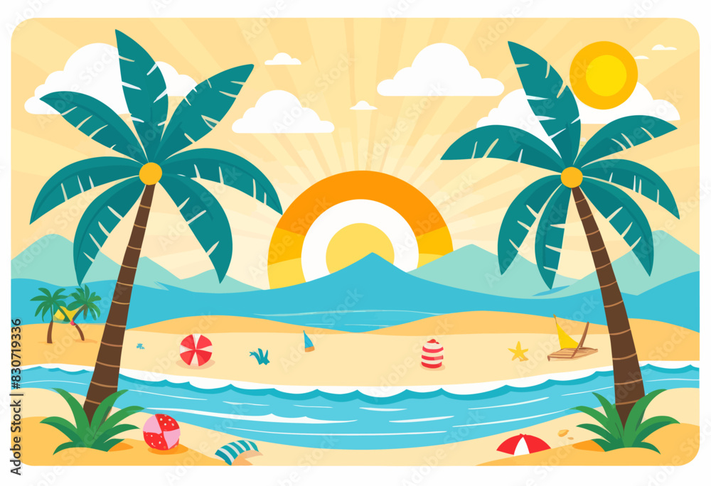a beach scene with palm trees and a sunset a beach scene with palm trees and a sunset