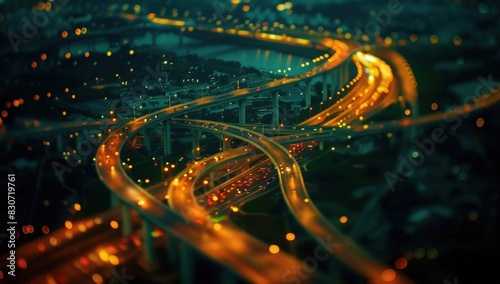 Aerial view of city at night with highway network, long exposure shot, tiltshift effect. photo