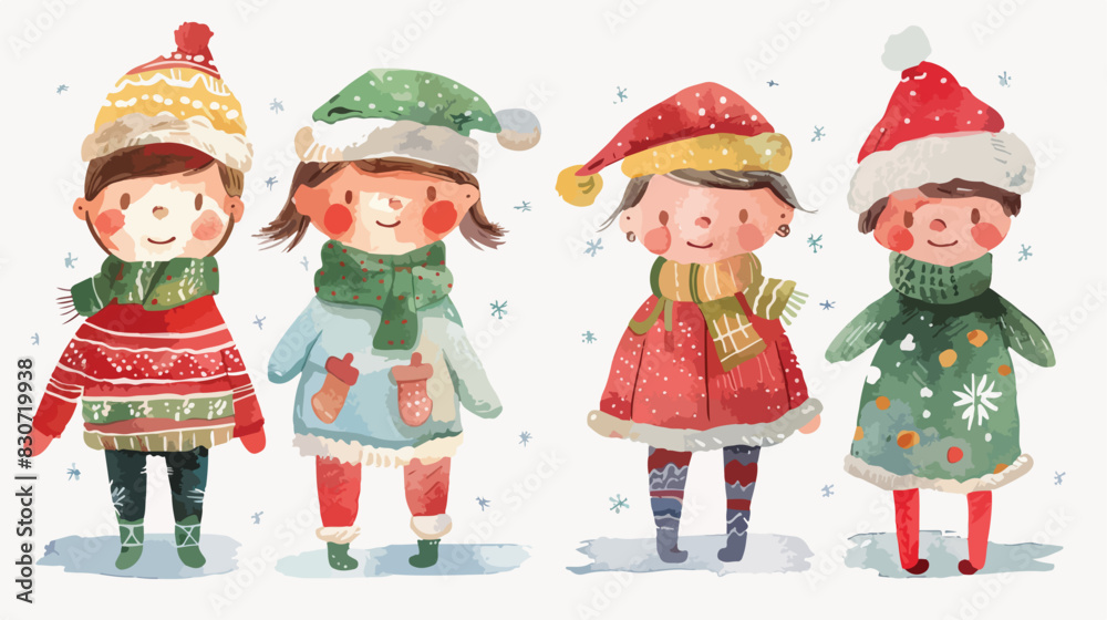 Watercolor Illustration Four of Kids wearing Cute Chr