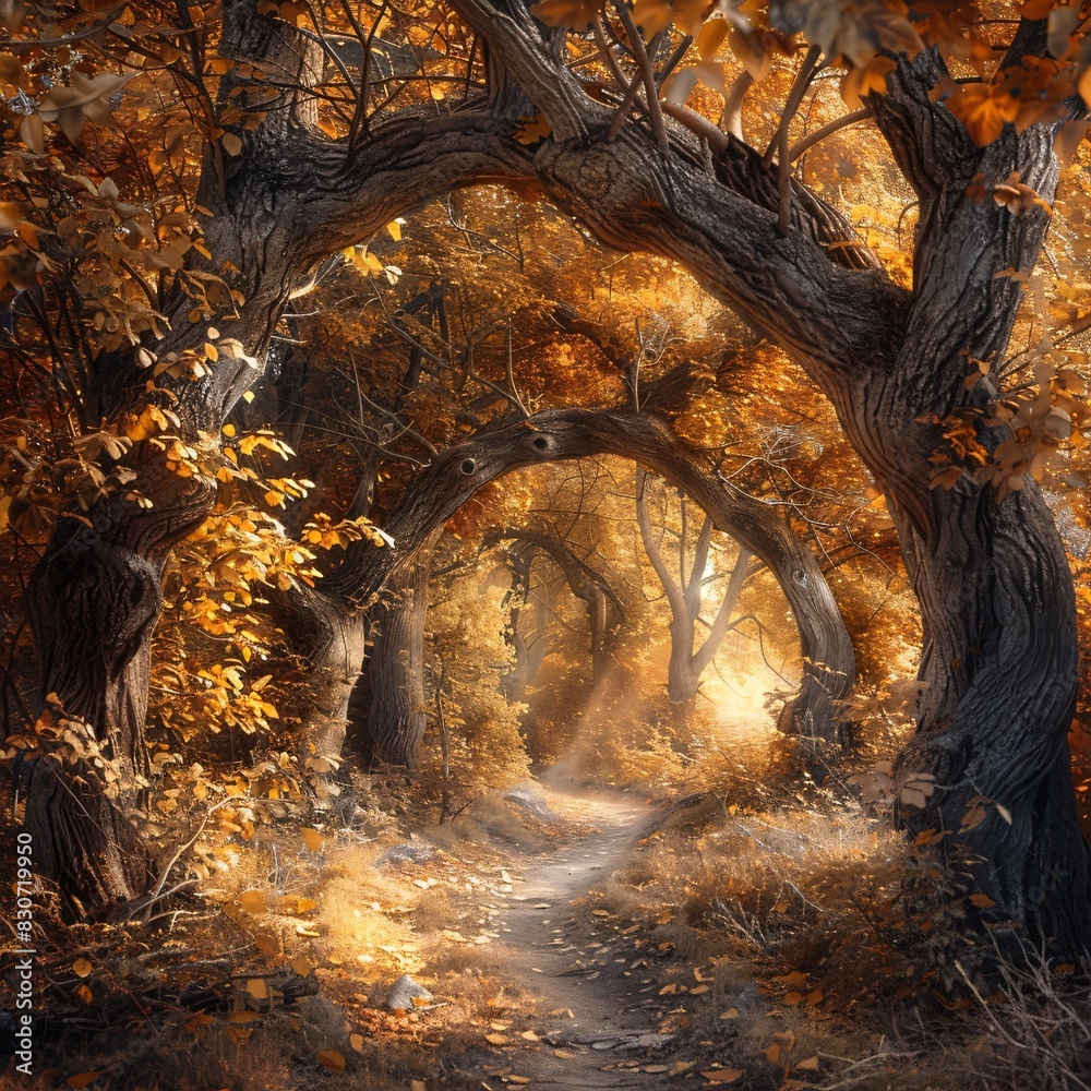 Autumnal Pathway Through a Wooded Area with Vivid Leaves and Sunlight Autumnal Pathway Through a Wooded Area with Vivid Leaves and Sunlight