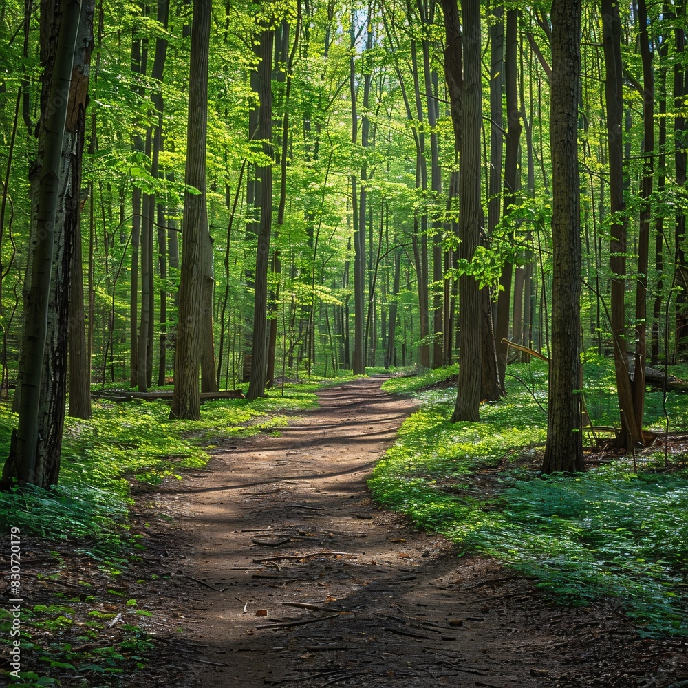 Obraz premium Serene Forest Path: A Sunlit Trail Through the Wilderness