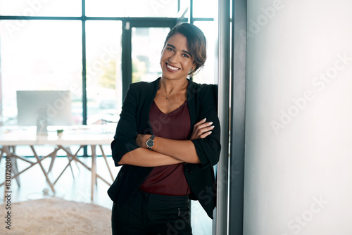 Corporate, woman and arms crossed with portrait in office with happiness for career in law, advocacy and justice for people. Female advisor, confident and proud legal professional, attorney and pride © peopleimages.com