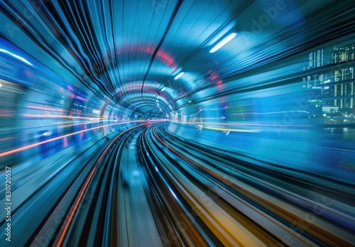 The speedy motion of a train in a blue tunnel.