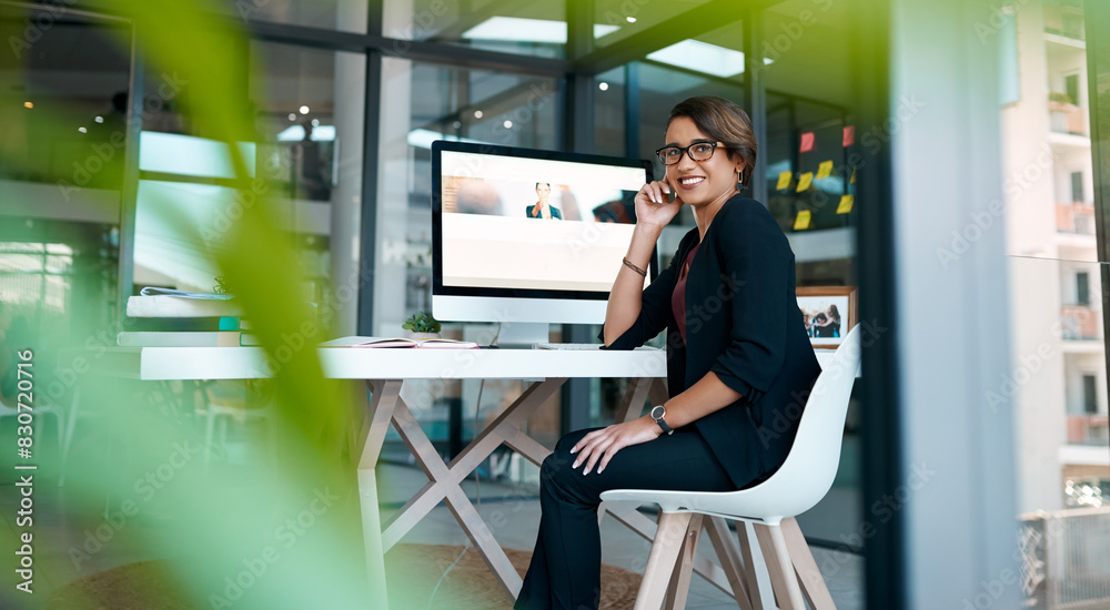 Businesswoman, communication and phone in office with negotiation proposal as virtual meeting. Portrait, female person and discussion on mobile for information with feedback report on project deal Businesswoman, communication and phone in office with negotiation proposal as virtual meeting. Portrait, female person and discussion on mobile for information with feedback report on project deal
