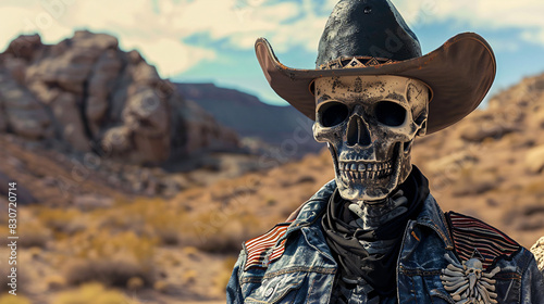 Skeleton cowboy in desert landscape photo