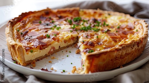 Close-up of a slice of quiche Lorraine on a plate.