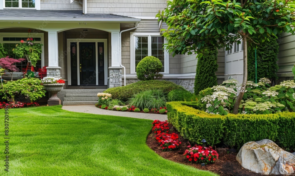 The front yard of a suburban home has a well-maintained lawn. The front yard of a suburban home has a well-maintained lawn.