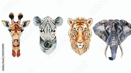 Watercolor Illustration Four of safari animal heads vector