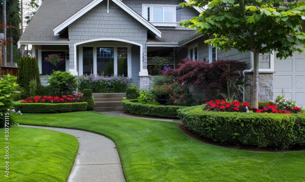 Fototapeta premium The front yard of a suburban home has a well-maintained lawn.