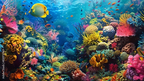 Underwater view of a coral reef with many colorful fish swimming around. The reef is full of vibrant colors and life.