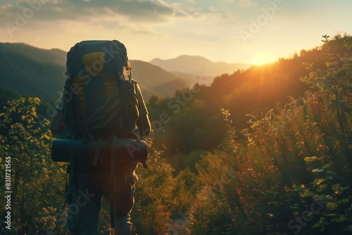 Mountain Hiking Adventure at Sunset: Travel Lifestyle for Summer Vacations photo