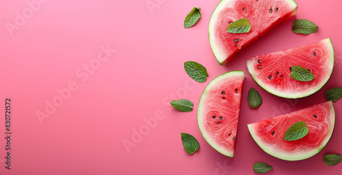 Sliced ​​ripe watermelon with mint leaves on a pink background with copy space. Healthy dessert.