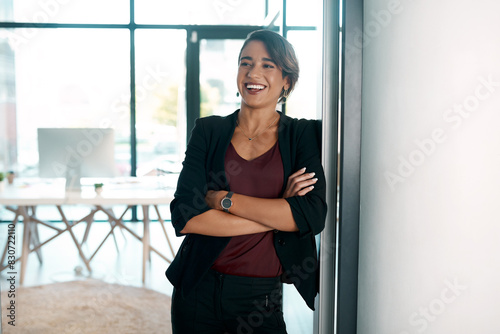 Valokuva Business, woman and thinking with confidence in office with happiness for career in corporate advisory and management