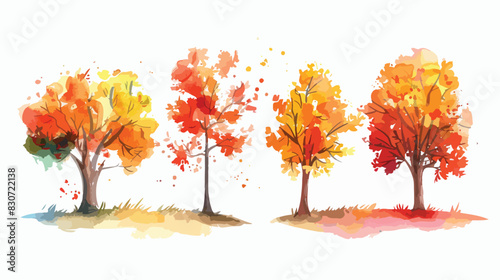 Watercolor Illustration Four of tree in autumn season