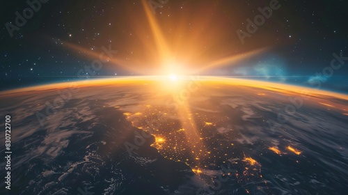 sunrise from space. The Earth is in the foreground and the sun is rising from behind it. The sun's rays are bright and illuminating the Earth.