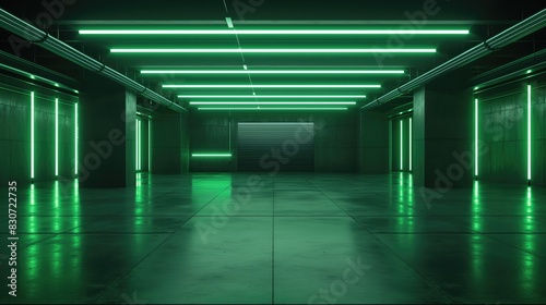 Wallpaper Mural dark empty car garage with green neons lighting and wet floor. ai generative Torontodigital.ca