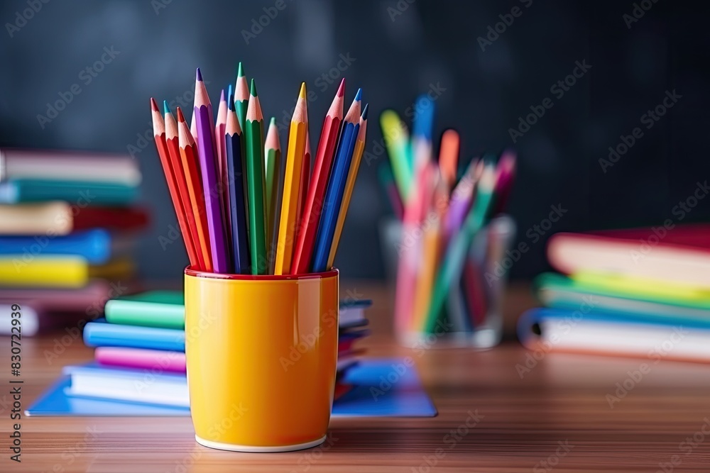 School supplies are on the table. Colored pencils and a stack of books on the desk, school board in the background School supplies are on the table. Colored pencils and a stack of books on the desk, school board in the background
