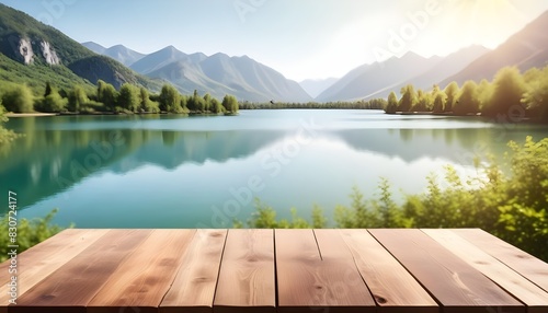 Table in font of a beautiful nature with plants  trees  sea  beach  mountains and lake with sunlight. Product display