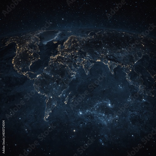  A world map formed from star constellations with a deep space background. 