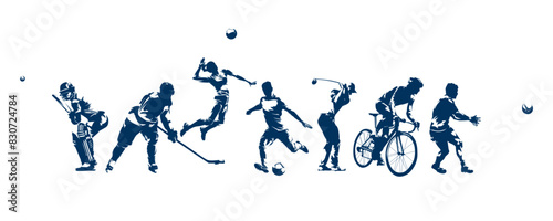 Sports, group of active people, isolated vector silhouettes. Men and women