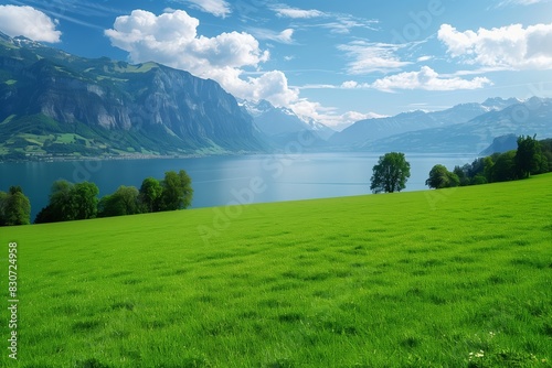 Scenic Landscape: Field, Lake, Mountains