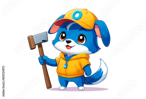 a cartoon dog with a hat and a hatchet