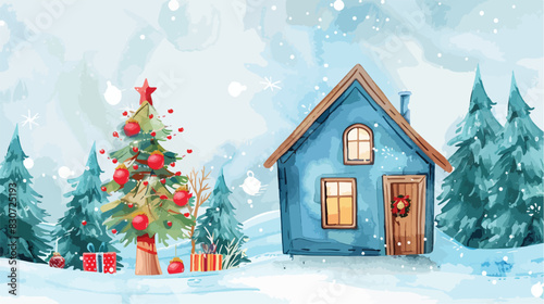 Watercolor Illustration Little House with Christmas o