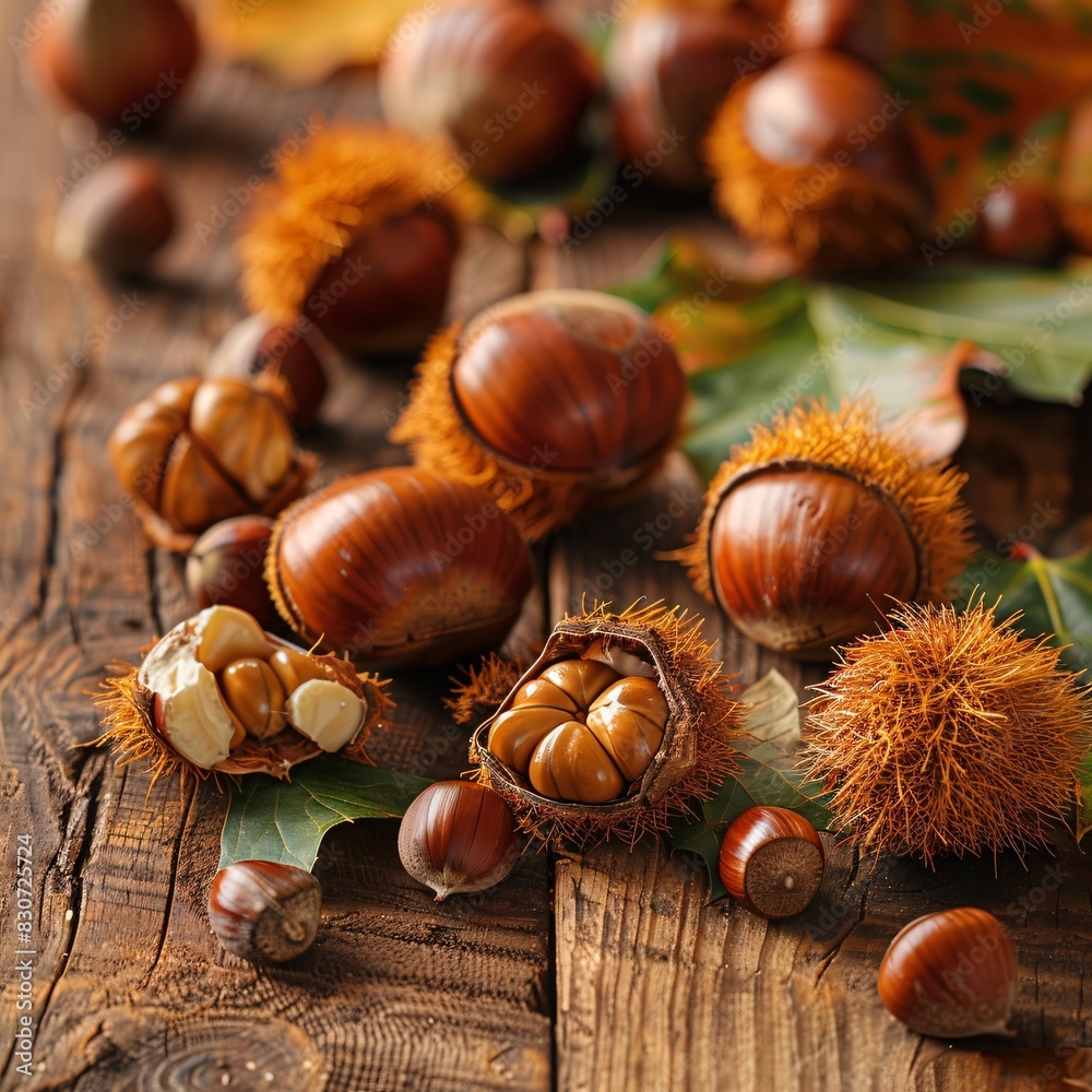 Harvested Nuts and Seeds on Wooden Table with Seasonal Leaves Background