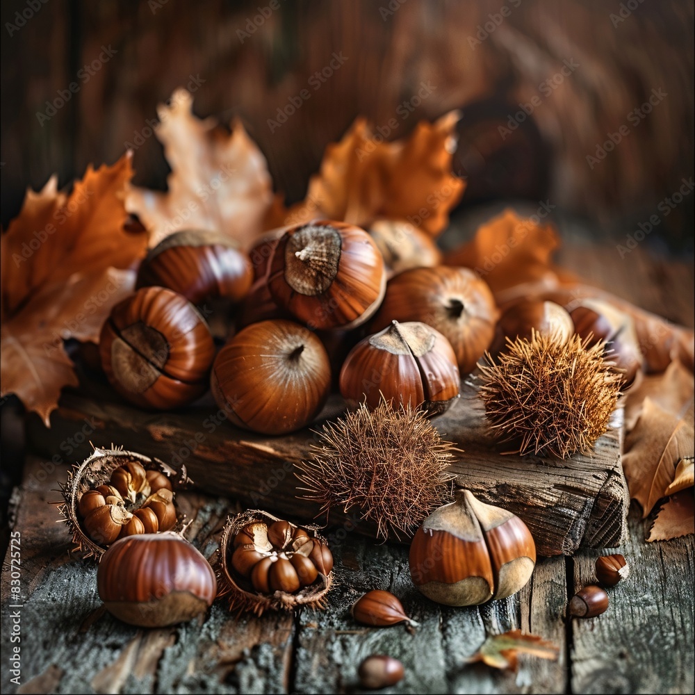 Autumn Harvest: A Collection of Nuts and Cones on a Rustic Table Autumn Harvest: A Collection of Nuts and Cones on a Rustic Table