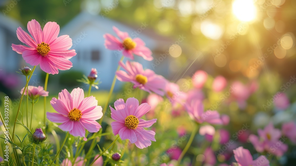 Fleurs par une journée ensoleillée avec une maison en arrière plan. Flowers on a sunny day with bokeh over some houses. Fleurs par une journée ensoleillée avec une maison en arrière plan. Flowers on a sunny day with bokeh over some houses.