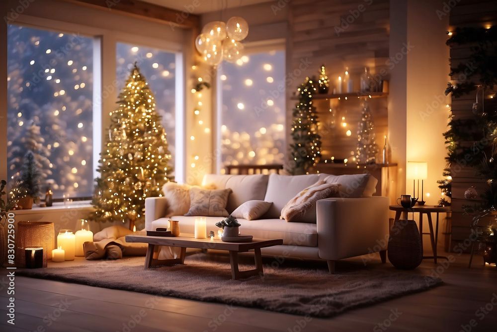Atmospheric room with Christmas decorations, cozy seating, and a snowy view from the window