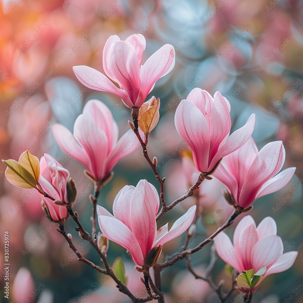 Fototapeta premium Blossom Delight: Pink Flowering Branch Against Colorful Sky