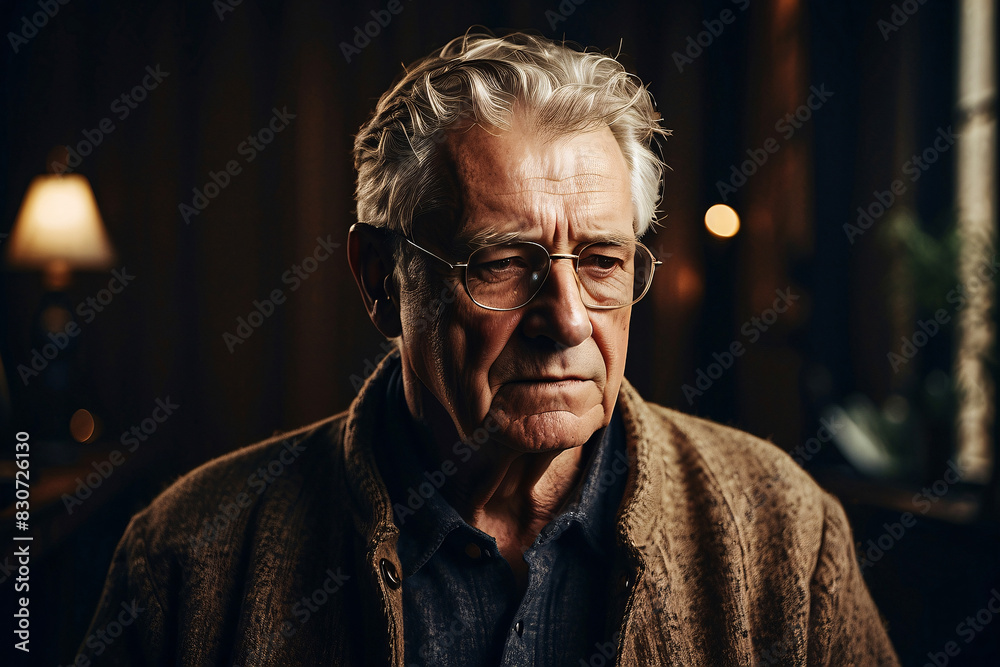 Fototapeta premium Elderly gentleman with glasses and a contemplative gaze in a warm-lit room
