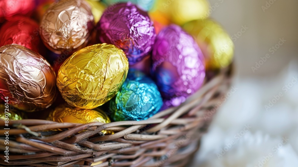 Colorful foil wrapped chocolate Easter eggs arranged in a basket captured in close up on a white background Colorful foil wrapped chocolate Easter eggs arranged in a basket captured in close up on a white background