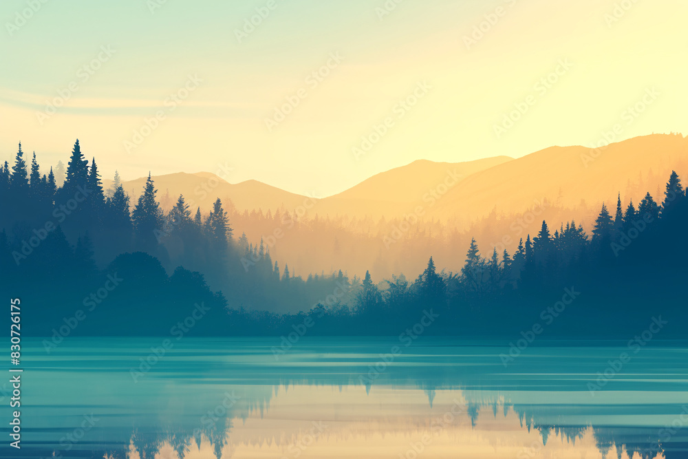 calm lake reflecting the surrounding mountains and forest at sunrise