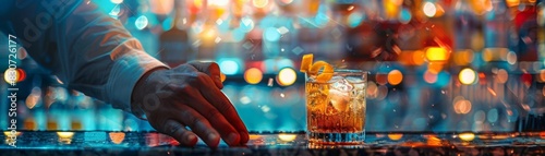 A bartender serving a drink, copy space, customer service theme, dynamic, composite, busy nightclub backdrop photo