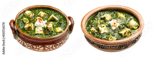 Palak paneer curry, made with fresh spinach and paneer cheese, served in a decorative Indian bowl, garnished with a sprinkle of garam masala and a dollop of cream, on transparent background