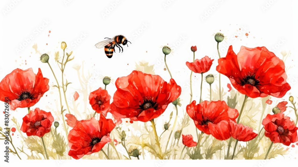 Obraz premium A cute water color of a poppyseed flower, with tiny delicate petals, growing in a meadow, visited by bees, Clipart isolated on white
