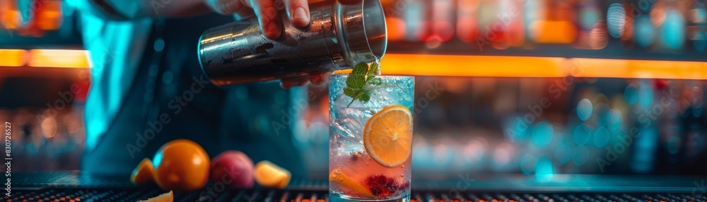 A bartender shaking a cocktail shaker, focus on, drink preparation theme, realistic, blend mode, trendy bar backdrop