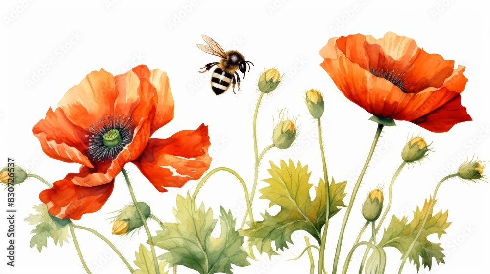 Fototapeta premium A cute water color of a poppyseed flower, with tiny delicate petals, growing in a meadow, visited by bees, Clipart isolated on white