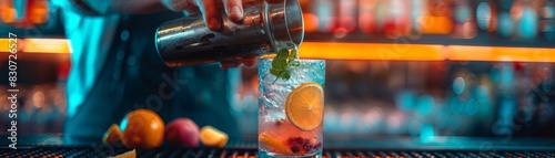 Obraz na płótnie A bartender shaking a cocktail shaker, focus on, drink preparation theme, realistic, blend mode, trendy bar backdrop w salonie