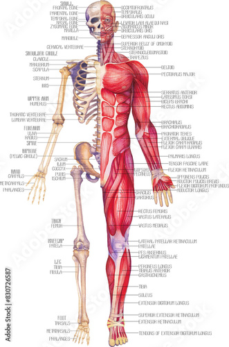 Detailed watercolor illustration of a male human anatomy showing skeletal and muscular systems.
