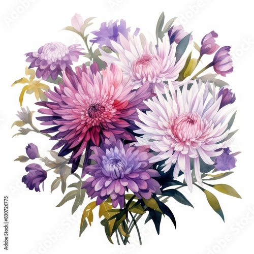 A cute water color of an aster  with starlike petals  in a vibrant bouquet  at a bustling market  Clipart isolated on white