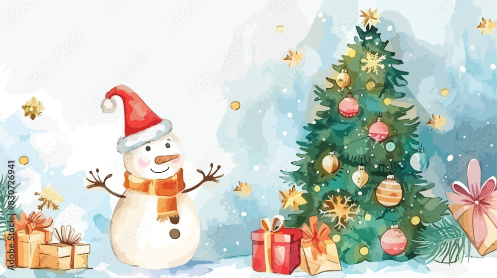 Watercolor Illustration Snowman and Christmas tree wi