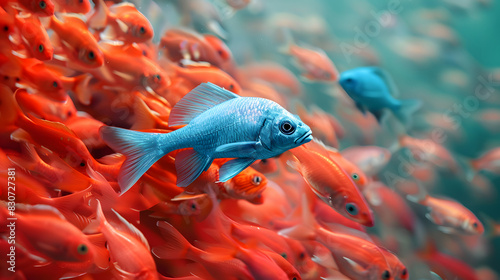 there is a school of fish with red fish, a single blue fish swims behind it
