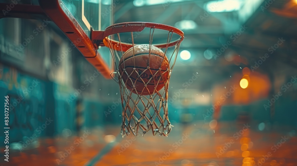 A basketball going through the net of an indoor basket ball hoop. A basketball going through the net of an indoor basket ball hoop.